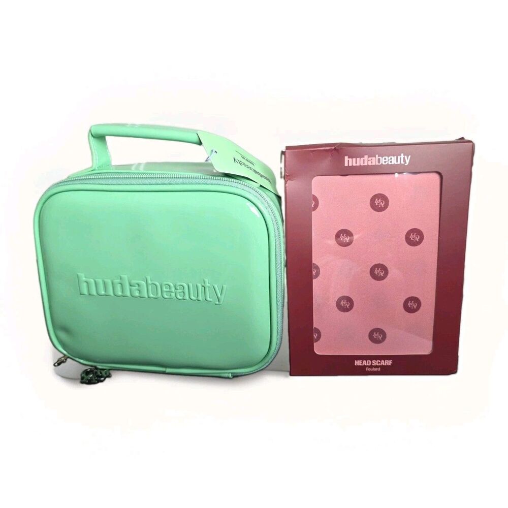 Huda Beauty Mint Green Cosmetic Travel Case Bag & Pink Logo Head Scarf NWT Set